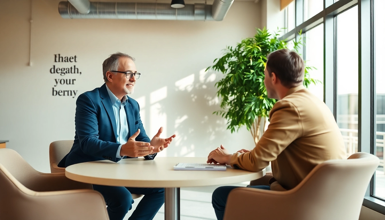 Business coach California engaging with a client in a bright, modern office environment.