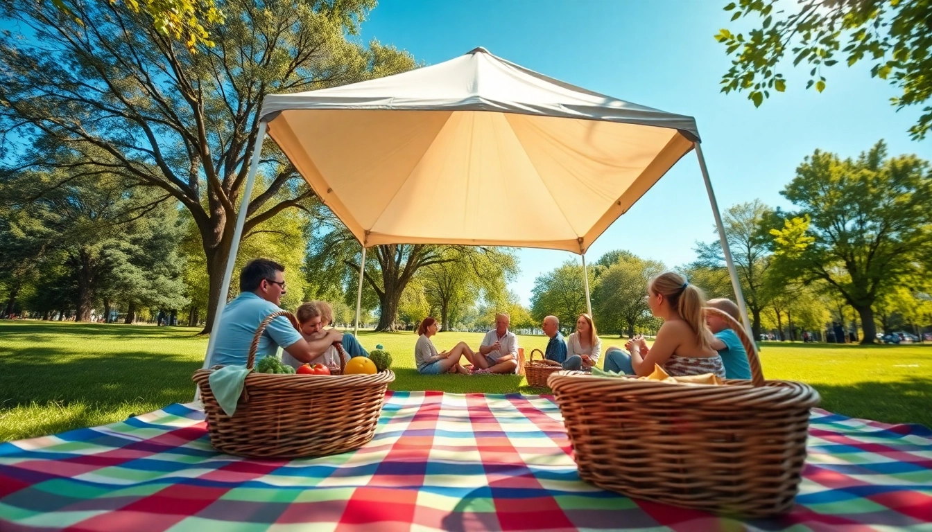 Families enjoying a picnic under a colorful canopy tent in a sunny park setting.