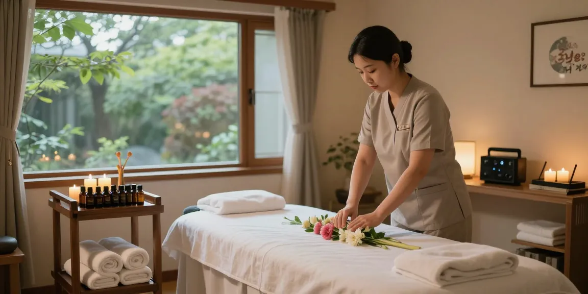 Calming Korean massage therapy scene showcasing 강남출장안마 with serene atmosphere and soothing elements.