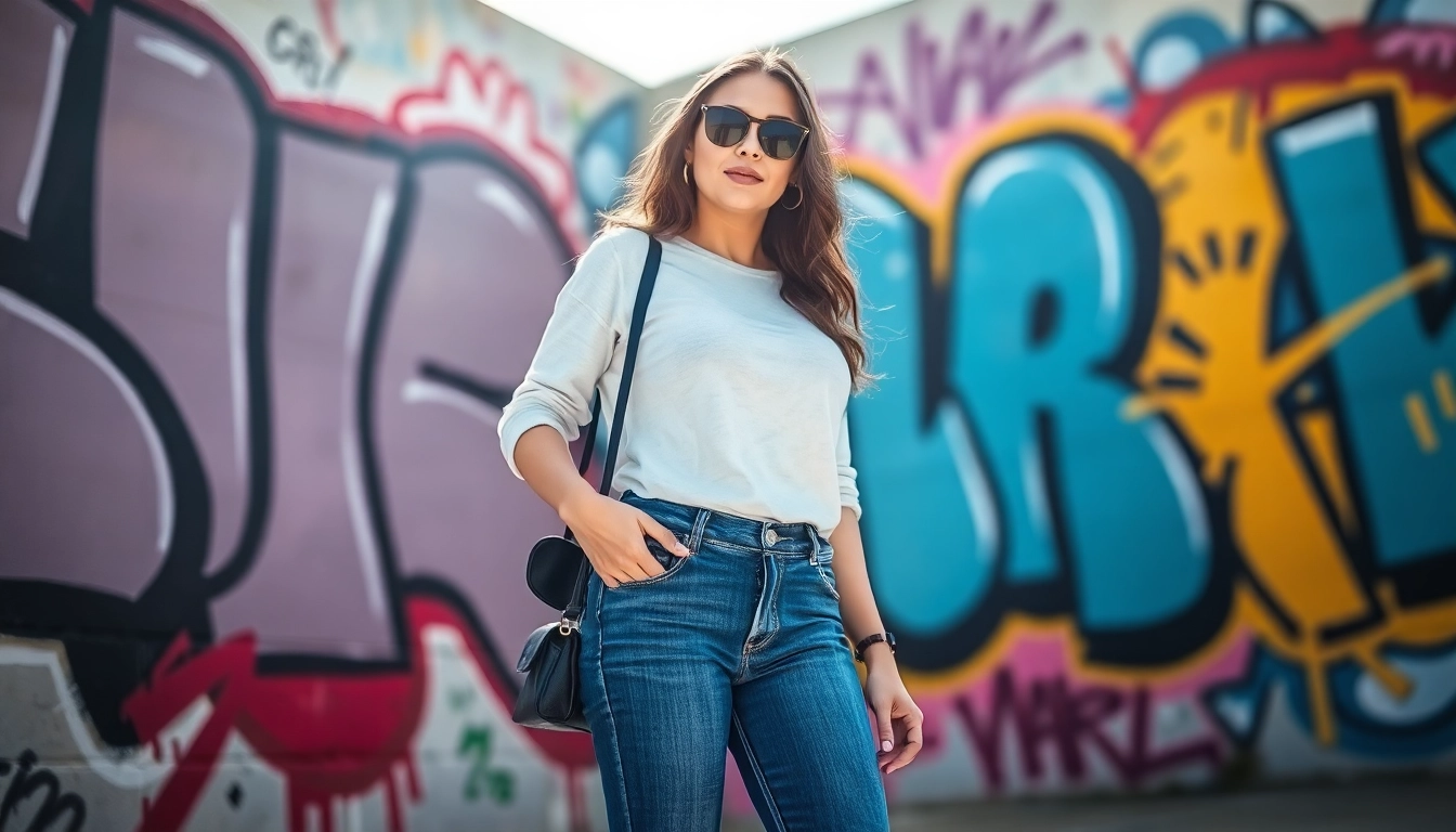 Stylish young woman in womens high rise skinny jeans posing against a vibrant graffiti background.