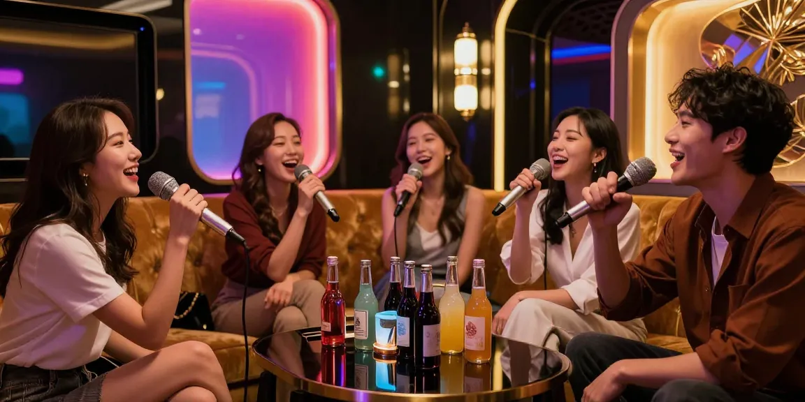강남가라오케 프라이빗 룸에서 즐거운 친구들이 노래하는 장면, 고급스러운 조명과 인테리어가 돋보임