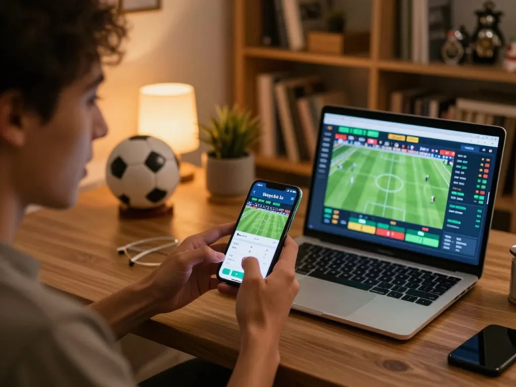 Engaged user placing football bets on bóng đá lu app while relaxing at home.