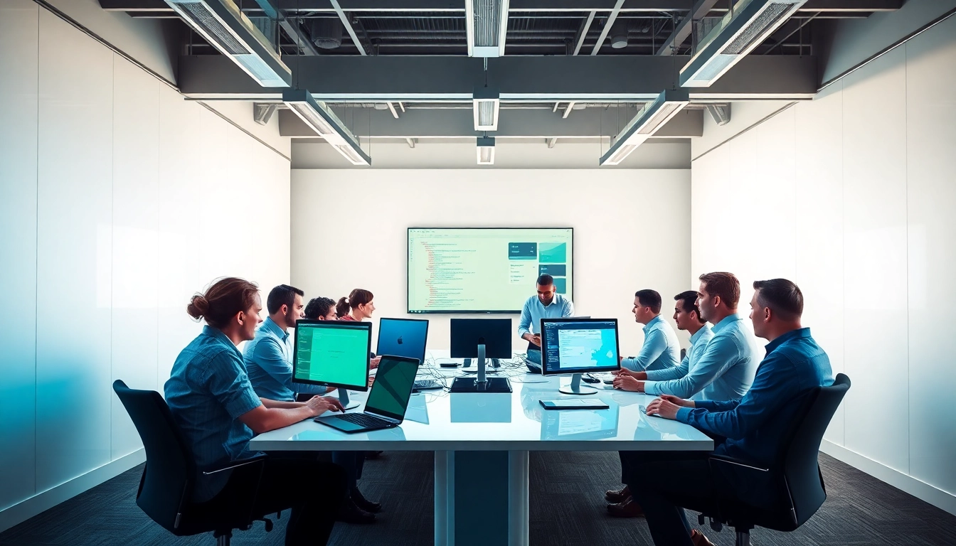 Web development company team actively collaborating in a modern workspace.