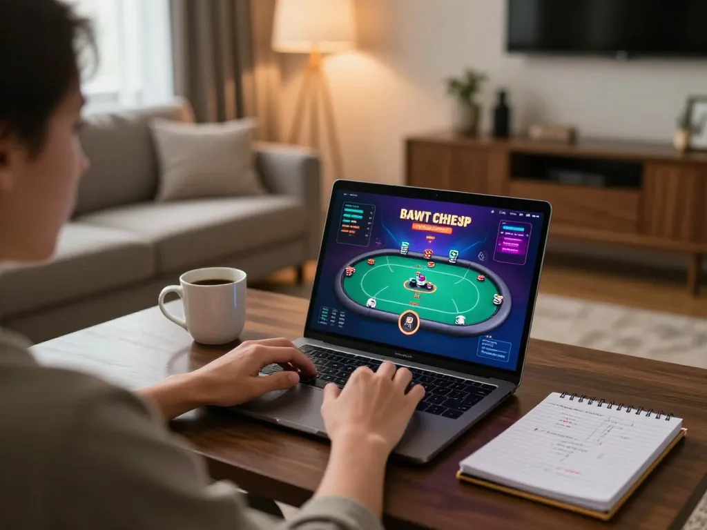 Player engaging in online gaming at hytw3339, showcasing strategic betting on a laptop in cozy home
