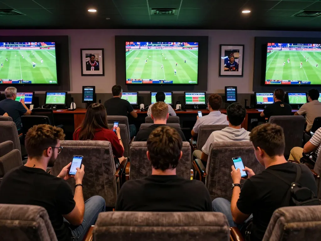 KQBD live betting scene with sports fans engaging in action and excitement at an upscale betting lounge