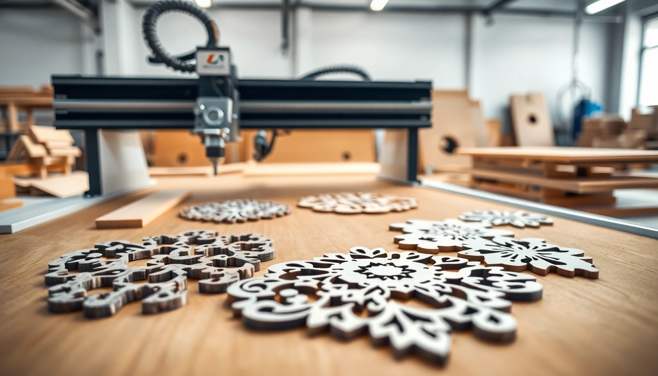 Laser cutting designs displayed on a workbench with a professional laser cutting machine.