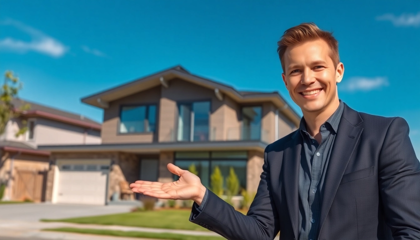 Real Estate presentation of modern home by a confident agent, inviting atmosphere.