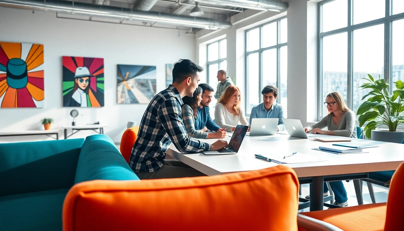 Team collaboration in a vibrant agency workspace showcasing creativity and energy.