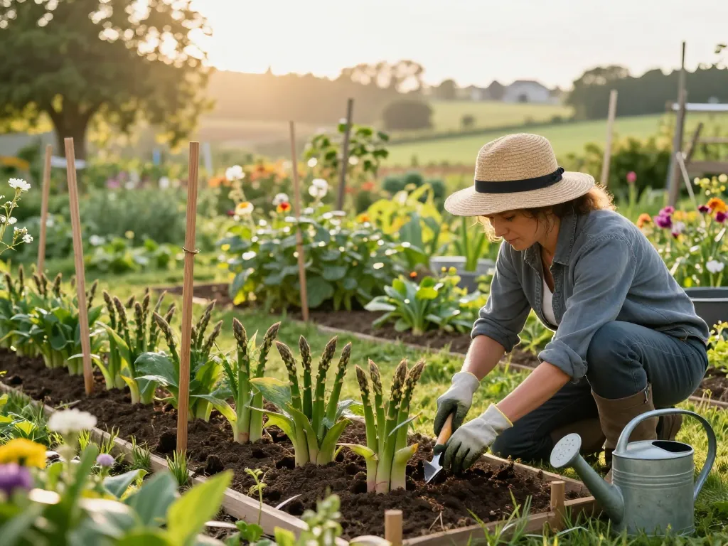 Gardener nurturing asparagus plants in a vibrant home garden while practicing asperges kweken techniques.