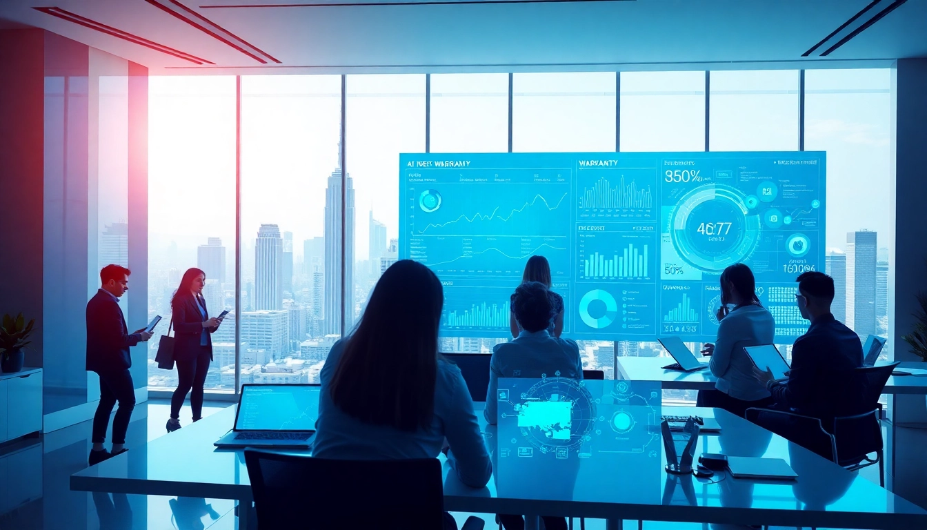 Visualize the impact of AI powered warranty company with a futuristic team collaborating over digital analytics.