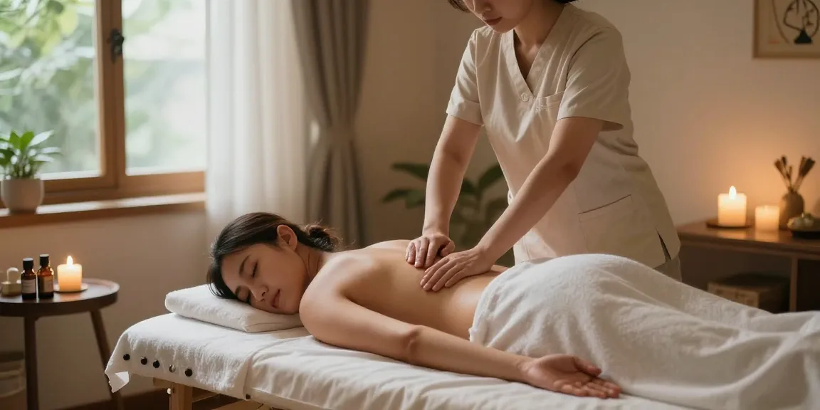스웨디시 마사지 중인 전문 관리사와 편안하게 누워있는 고객, 아늑한 마사지실 조명과 자연광을 활용한 장면