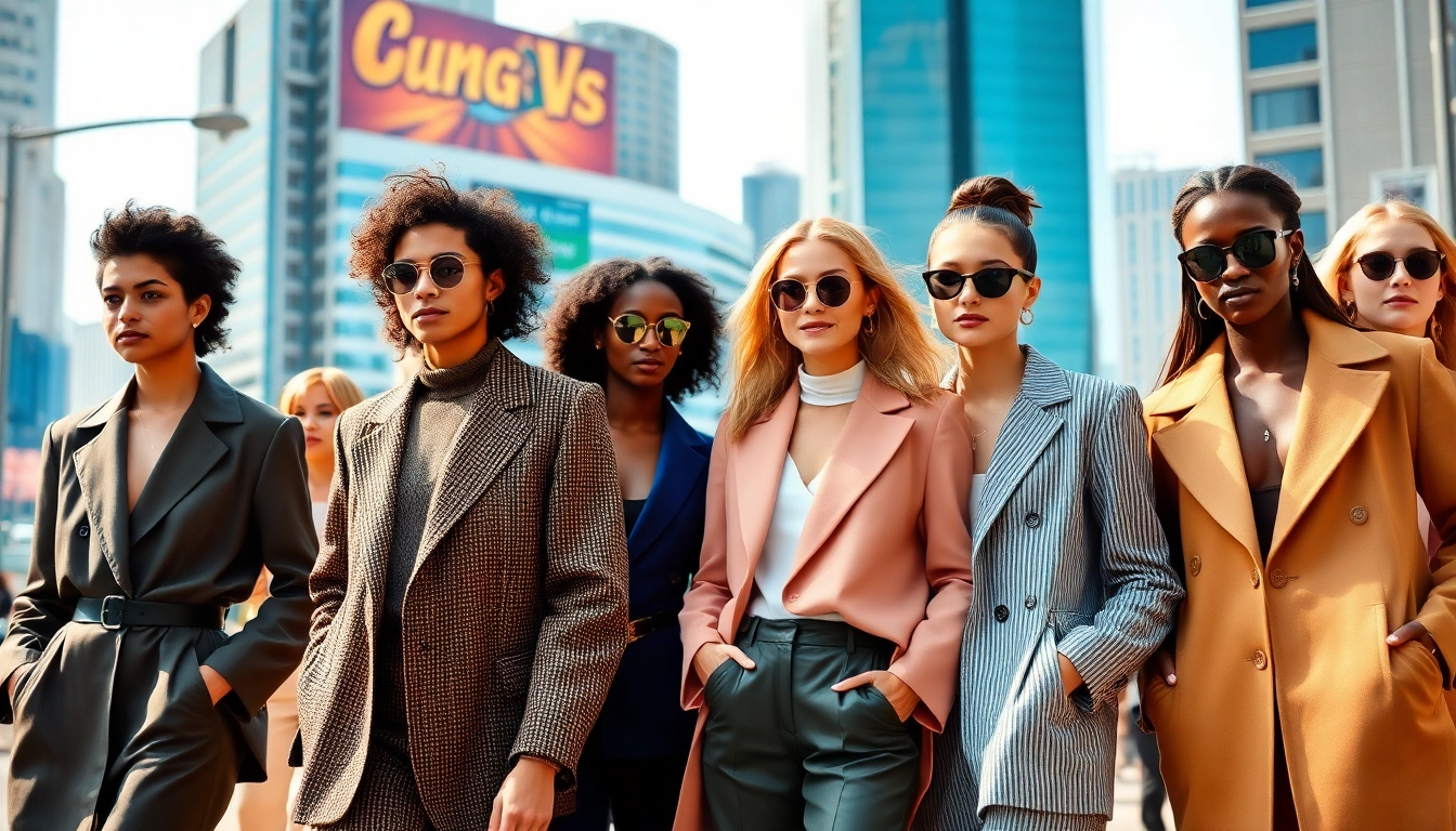 Showcasing fashion trends at https://modowyswiat.pl/ with vibrant styles and diverse models in a city backdrop.