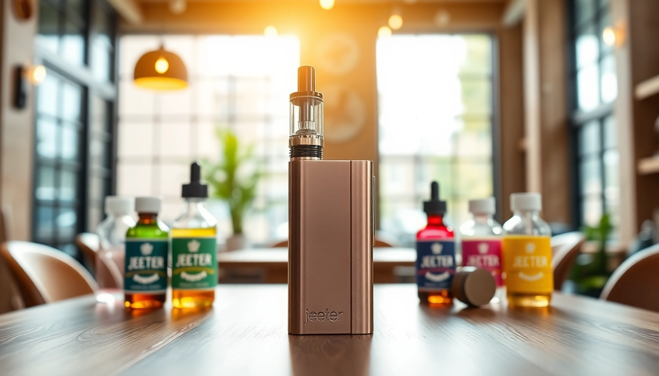 Explore a captivating jeeter juice vape surrounded by colorful vape juice bottles in an inviting café setting.
