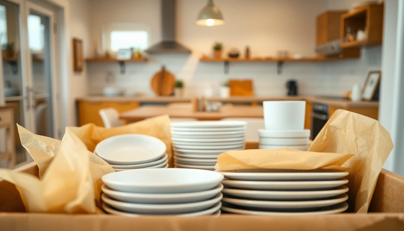 Packing dishes for moving organizedly in a box with crumpled protective paper.
