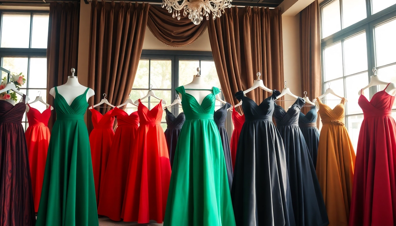 Showcase of elegant designer dresses in a luxurious boutique setting with vibrant colors.