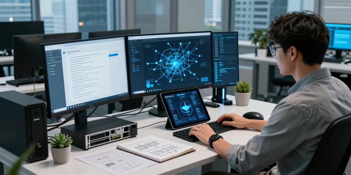 IT professional analyzing cybersecurity measures on shs-dome5.com in a modern tech office.