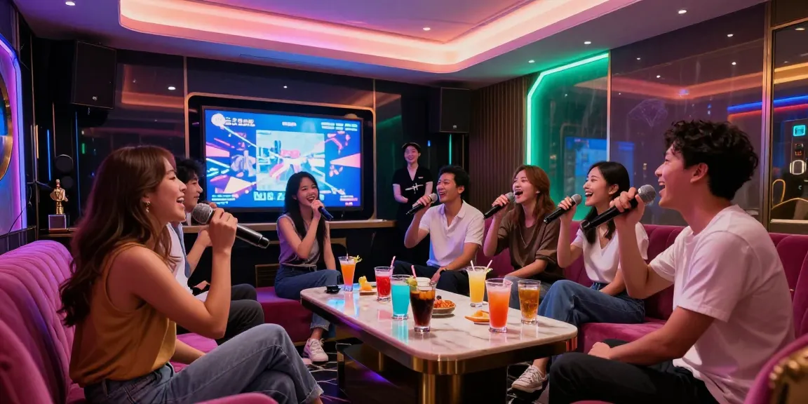 강남가라오케에서 프라이빗한 분위기 속 즐거운 노래 및 고급 음료를 만끽하는 모습