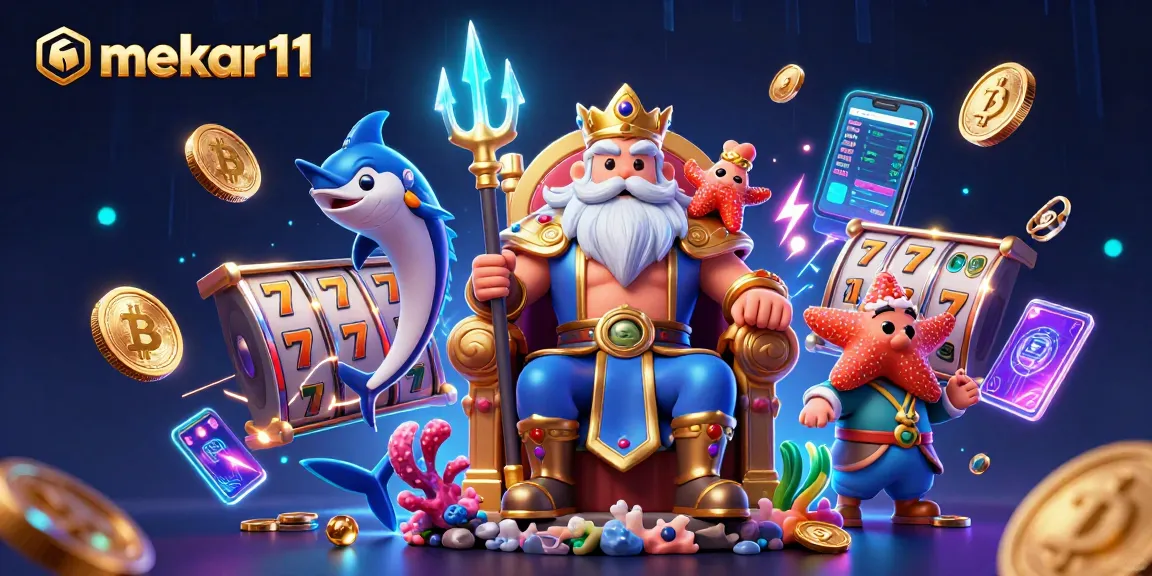 Mekar11 offers thrilling slot adventures with a vibrant scene of Neptune, samurai, and coins.