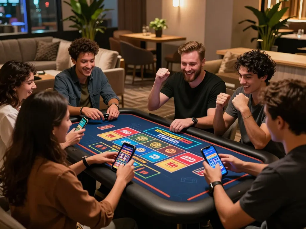 Friends enjoying a lively wraungtoto gaming session in a modern lounge.