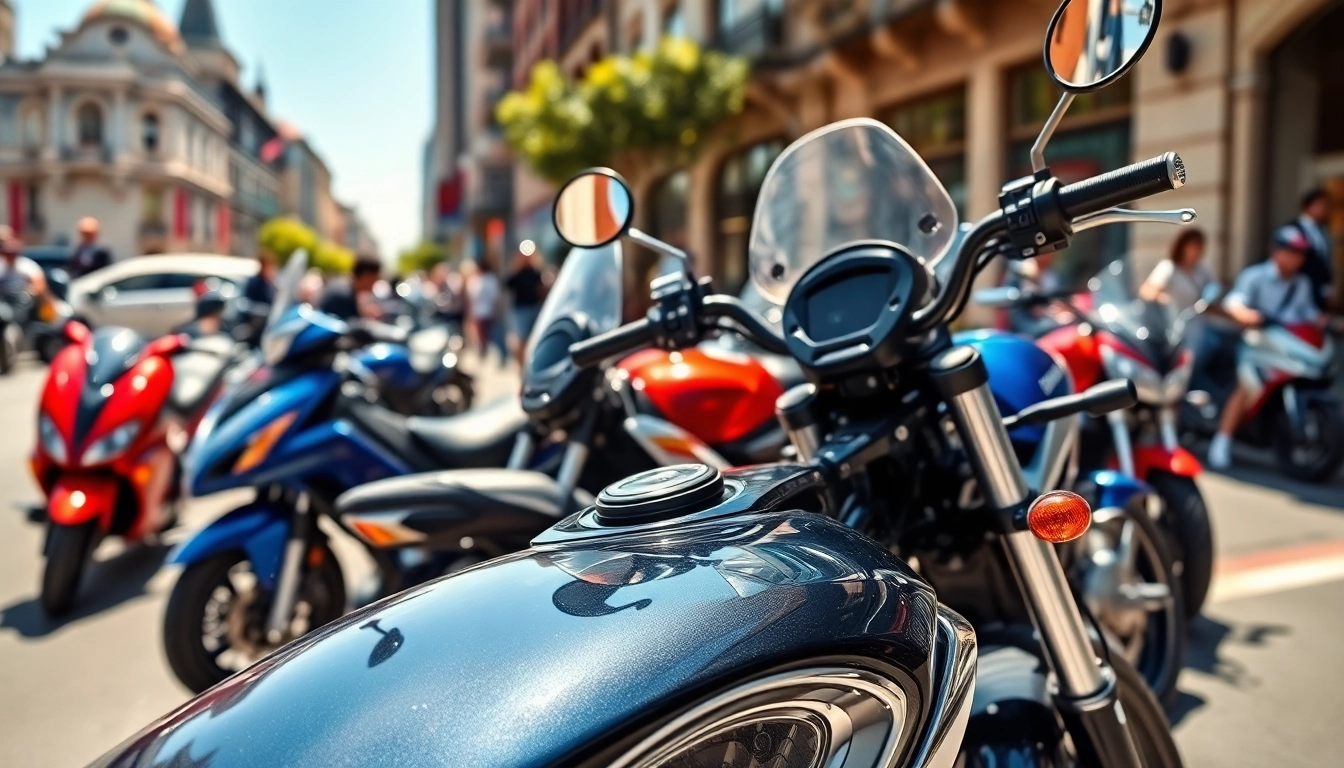 Explore affordable street legal motorcycles parked in a vibrant city setting highlighting their designs.