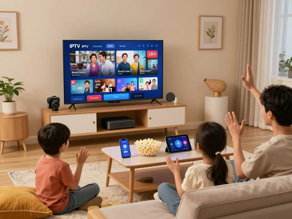 Een gezin geniet van IPTV kopen in hun gezellige woonkamer, terwijl ze shows kijken op een smart TV met verschillende apparaten om hen heen.