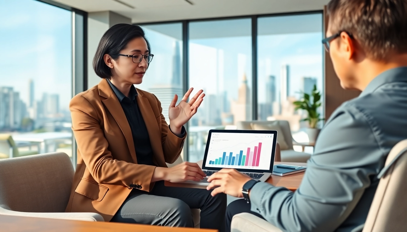 Engaging scene of a financial advisor consulting with a client, highlighting professional guidance.