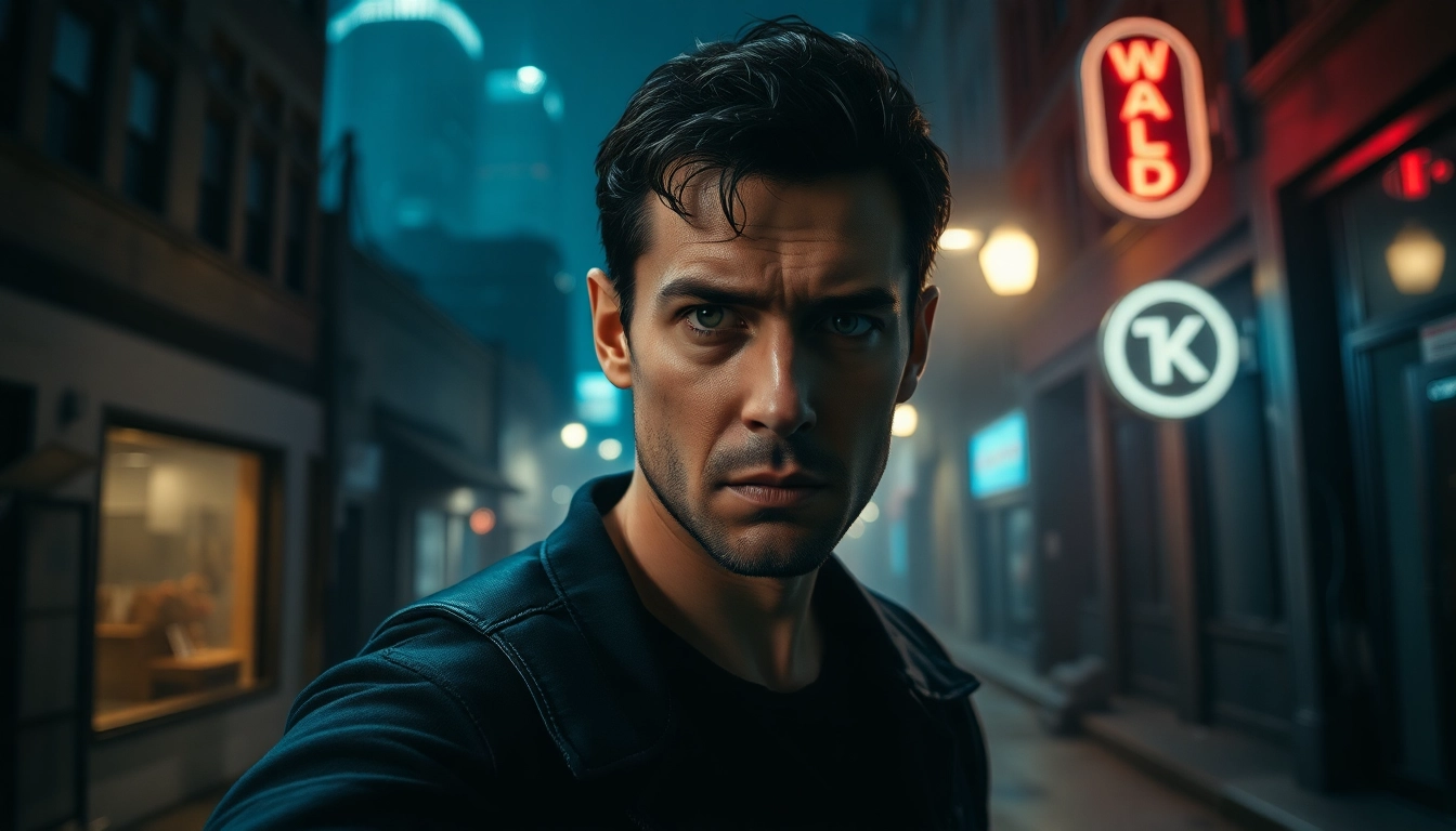 Protagonist in a thriller scene depicting tension and suspense in an urban alley during the night.