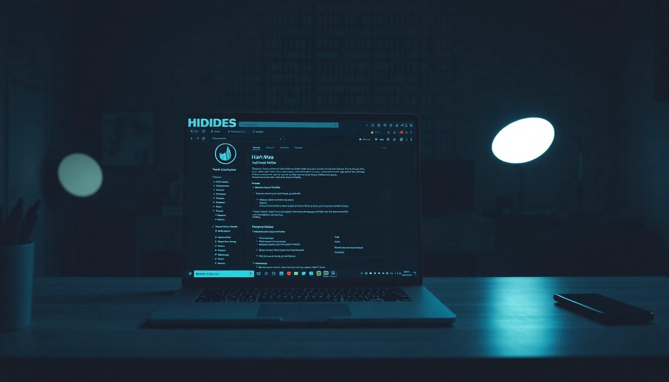 The Hidden Wiki showcased on a sleek laptop screen in a dark web interface, symbolizing anonymity and digital exploration.
