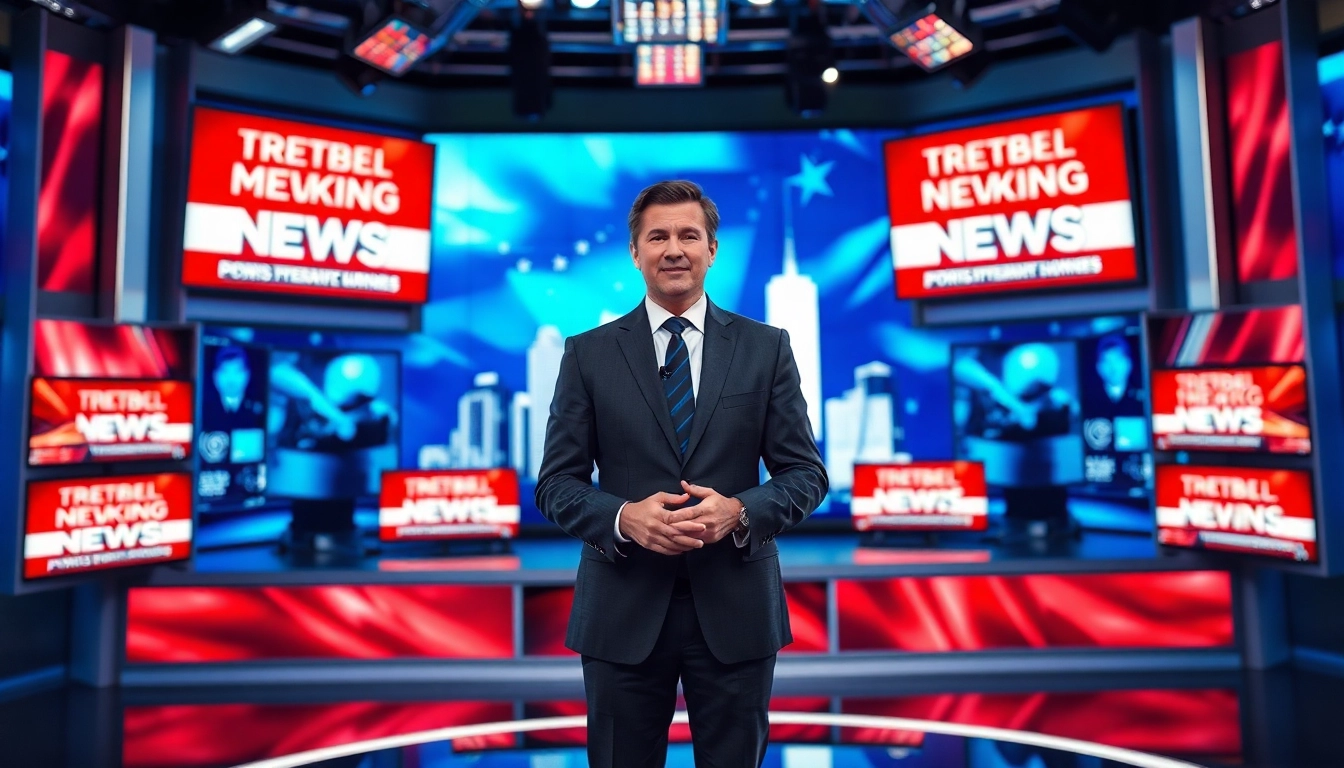 Catch the latest news updates from a professional anchor in a modern studio setting.