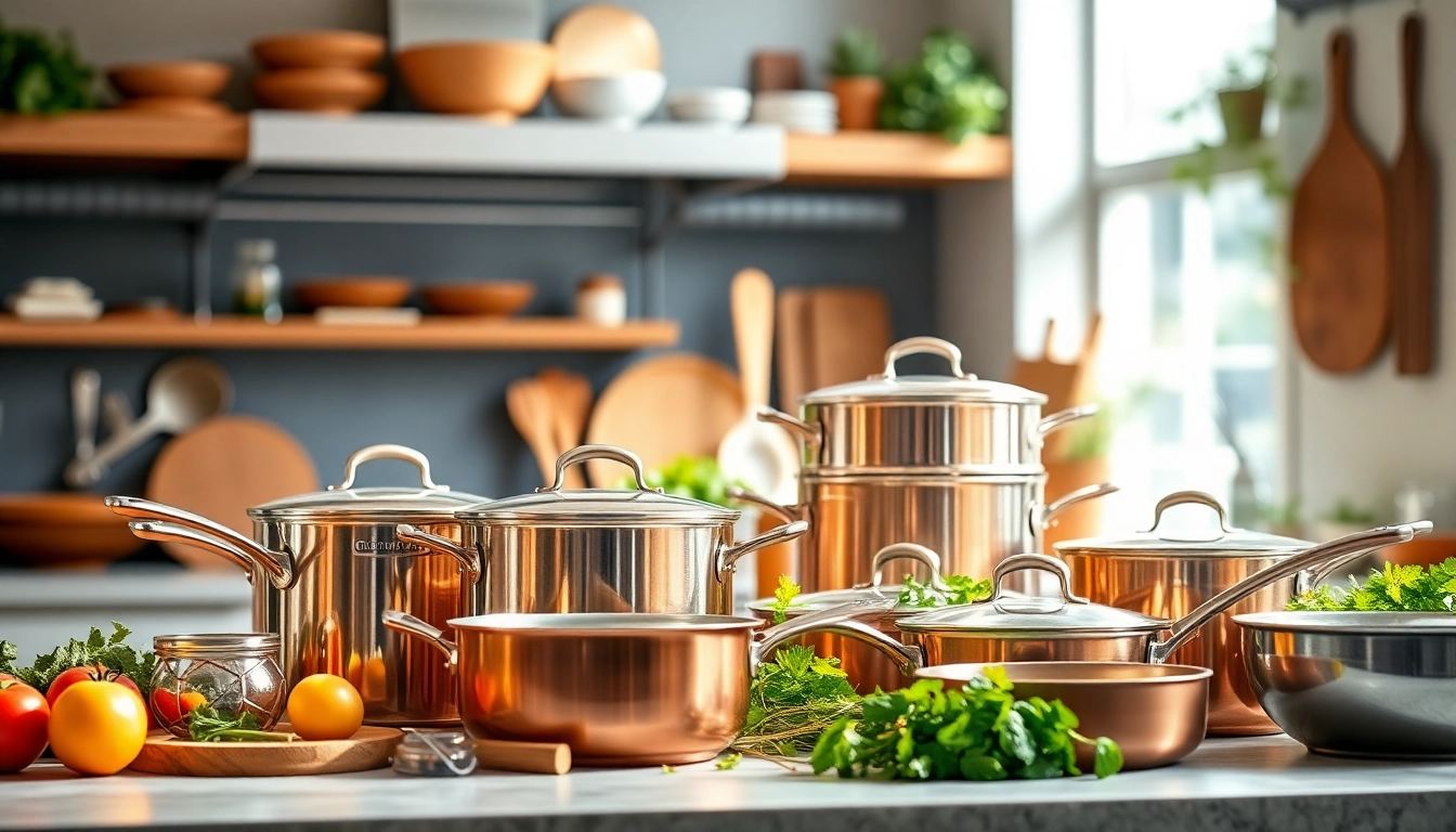 Showcase of cookware NZ including pots, pans, and utensils arranged in a modern kitchen setting.