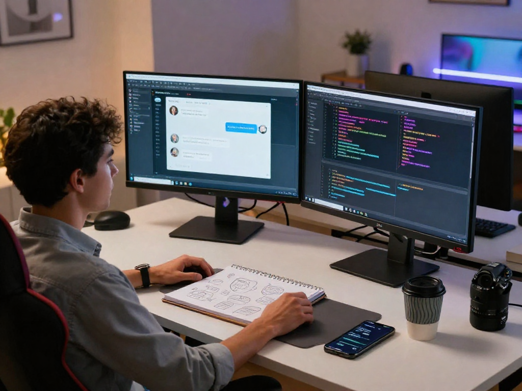 Creative workspace with nsfw chat bot interface on screens, designer brainstorming features in a modern tech setting.