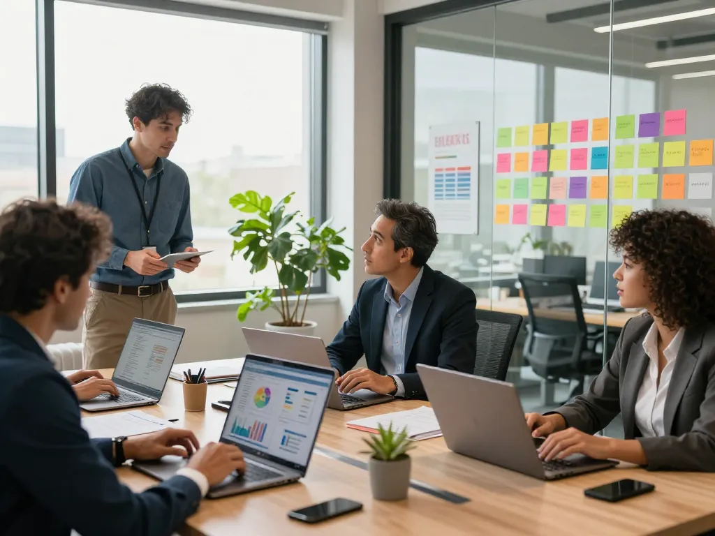 現代的なオフィスで協力する合同会社SUMXのチームが、デジタルマーケティング戦略とクリエイティブなブレインストーミングを披露しています。