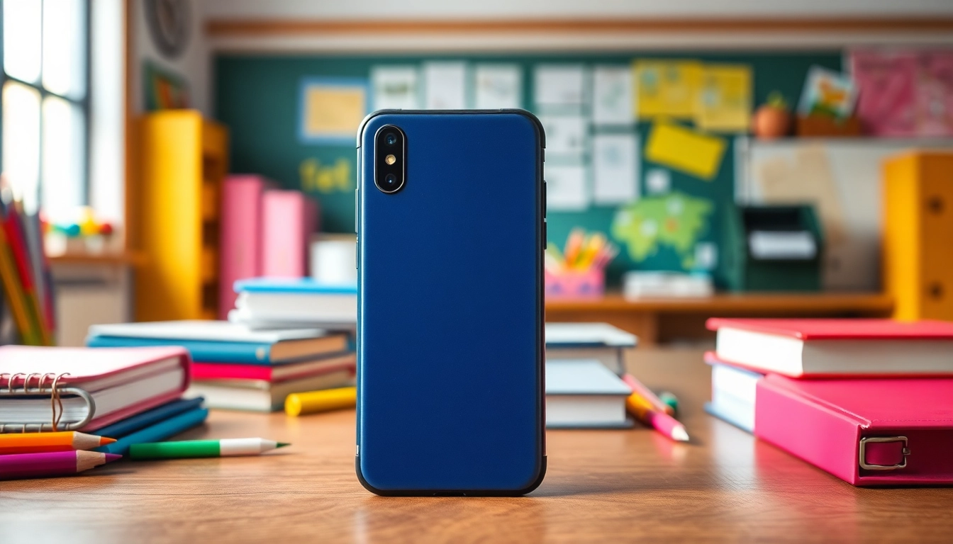 Handytasche Klassenzimmer auf einem Schreibtisch mit Schulmaterialien.