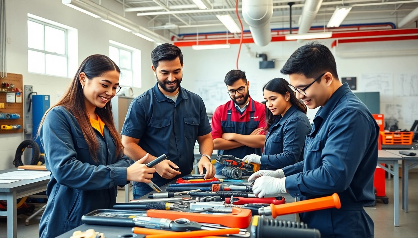 Students learning at trade schools in southern California, focusing on diverse hands-on training and teamwork.