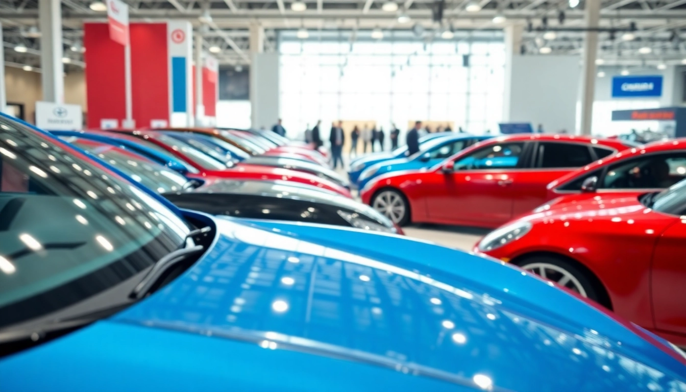 Explore the dynamic ambiance of an Auto Cars Show with sleek vehicles and enthusiastic attendees interacting.