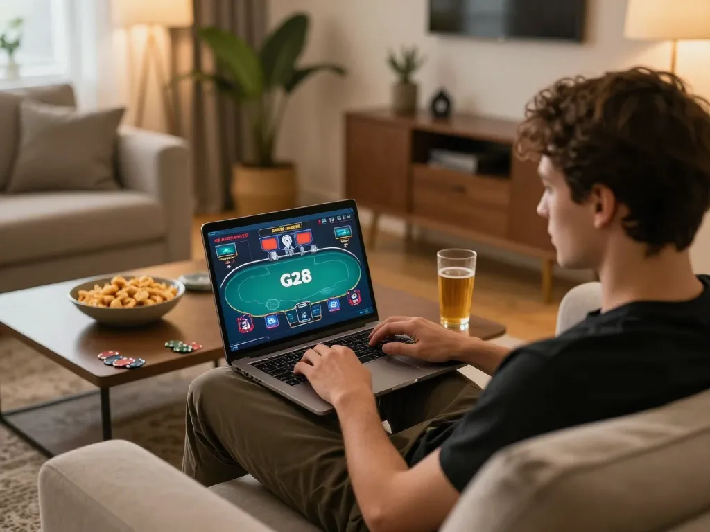 Engaging in G28 poker gameplay on a laptop in a cozy home setting
