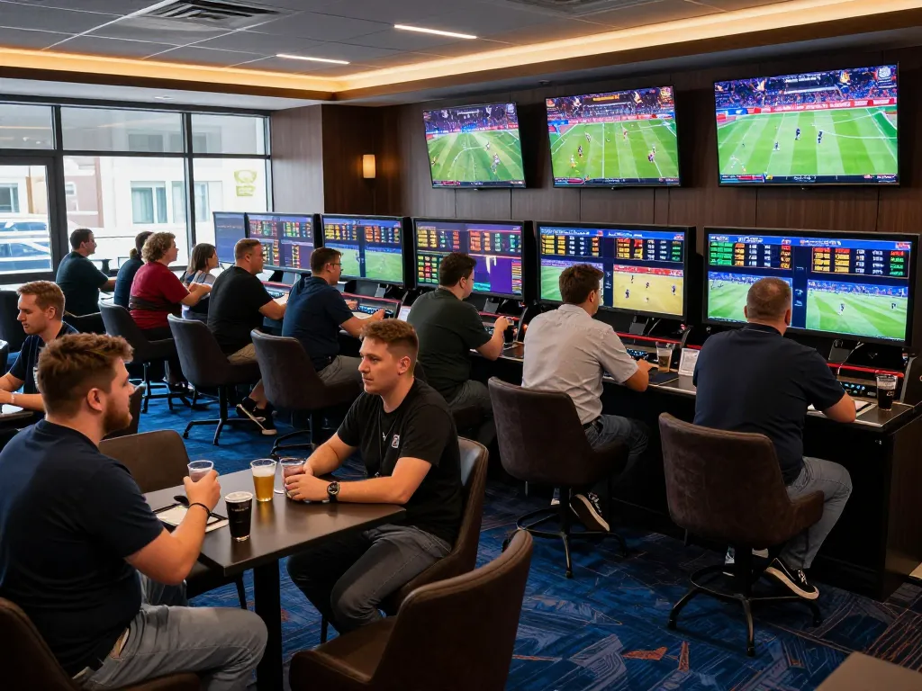 SBOBET sports betting patrons engaged with live action and exciting odds in a lively lounge atmosphere.