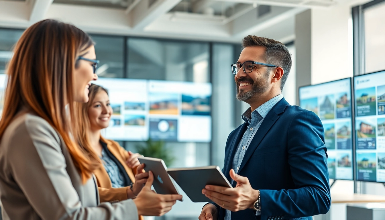 Engaged real estate agent assisting clients in a modern office showcasing real estate options.
