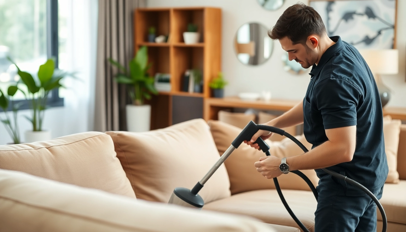 Sofa cleaning Dubai with a professional technician using a steam cleaner in a modern living room