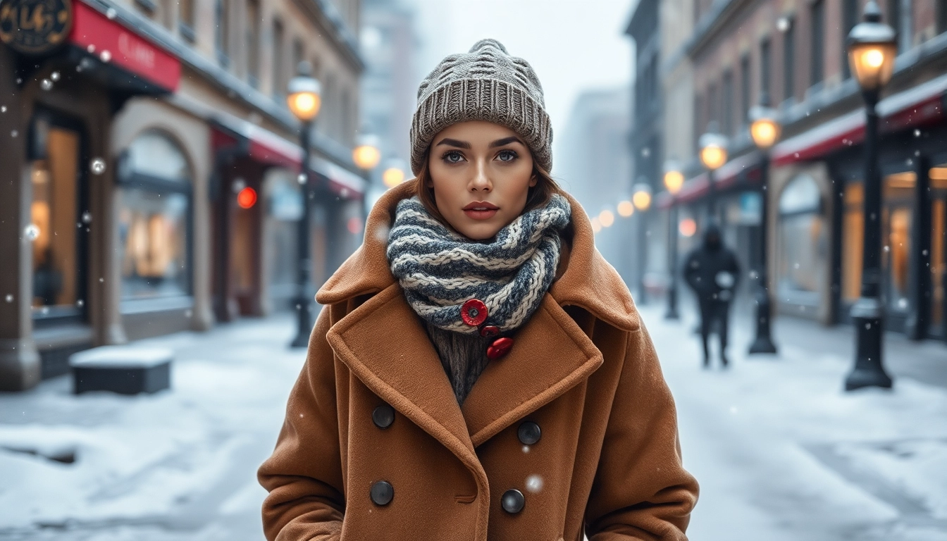 Model showcases trendy winter fashion attire amidst a serene urban winter setting.