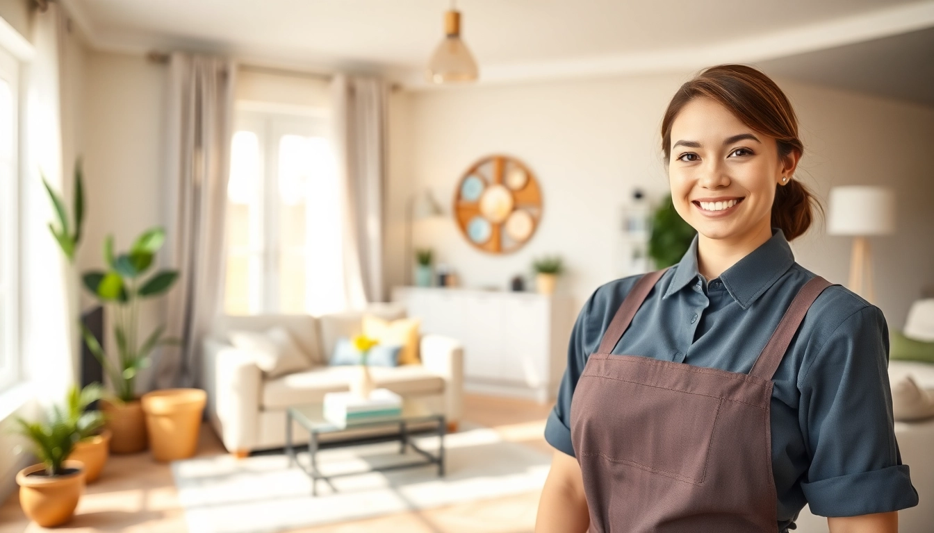 A professional maid agency service in a clean, inviting home environment with a happy maid at work.