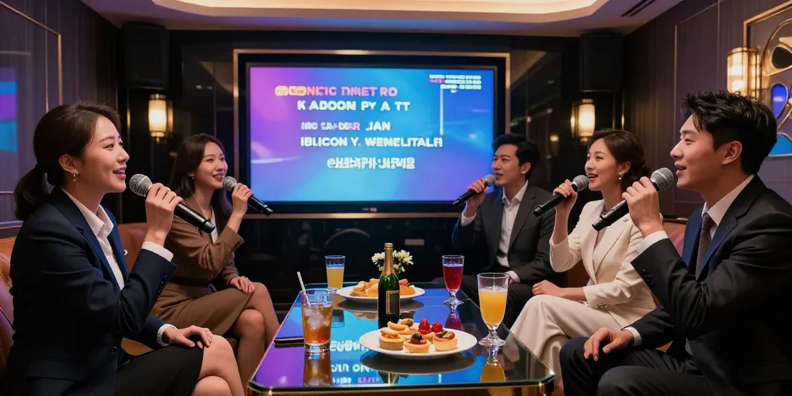 강남가라오케 정찰제 안내를 위한 고급스러운 프라이빗 룸에서의 모임 장면