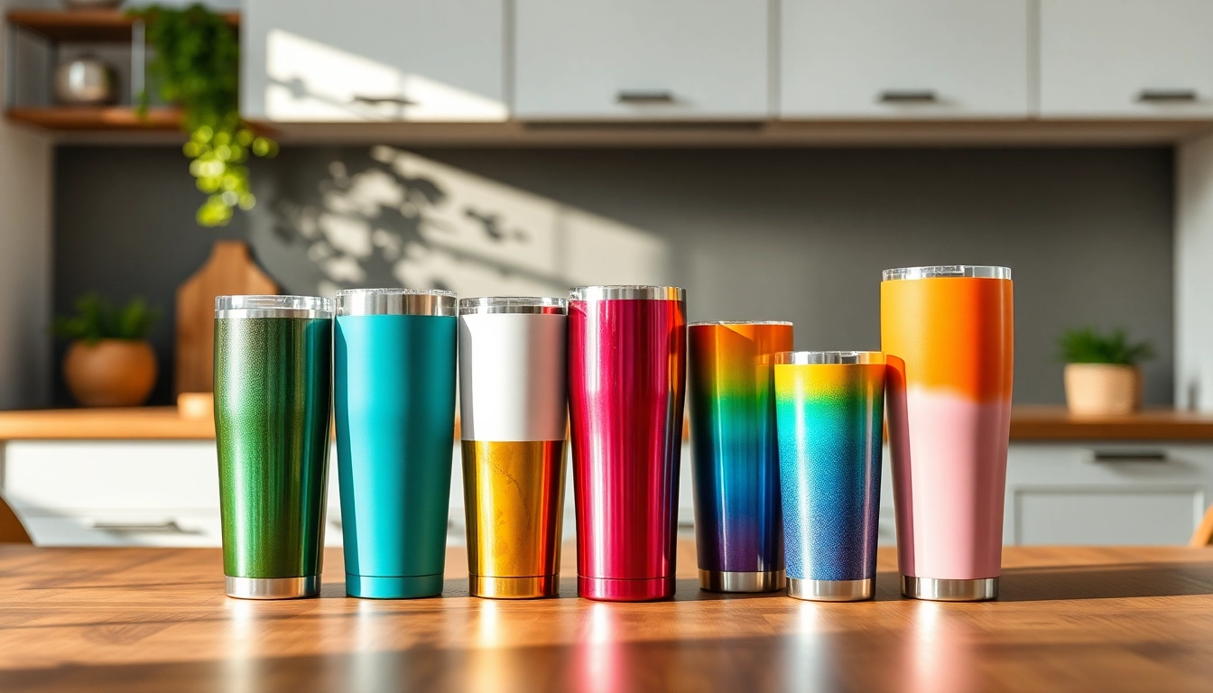 Display of colorful tumblers showcasing unique designs in a modern kitchen setting.