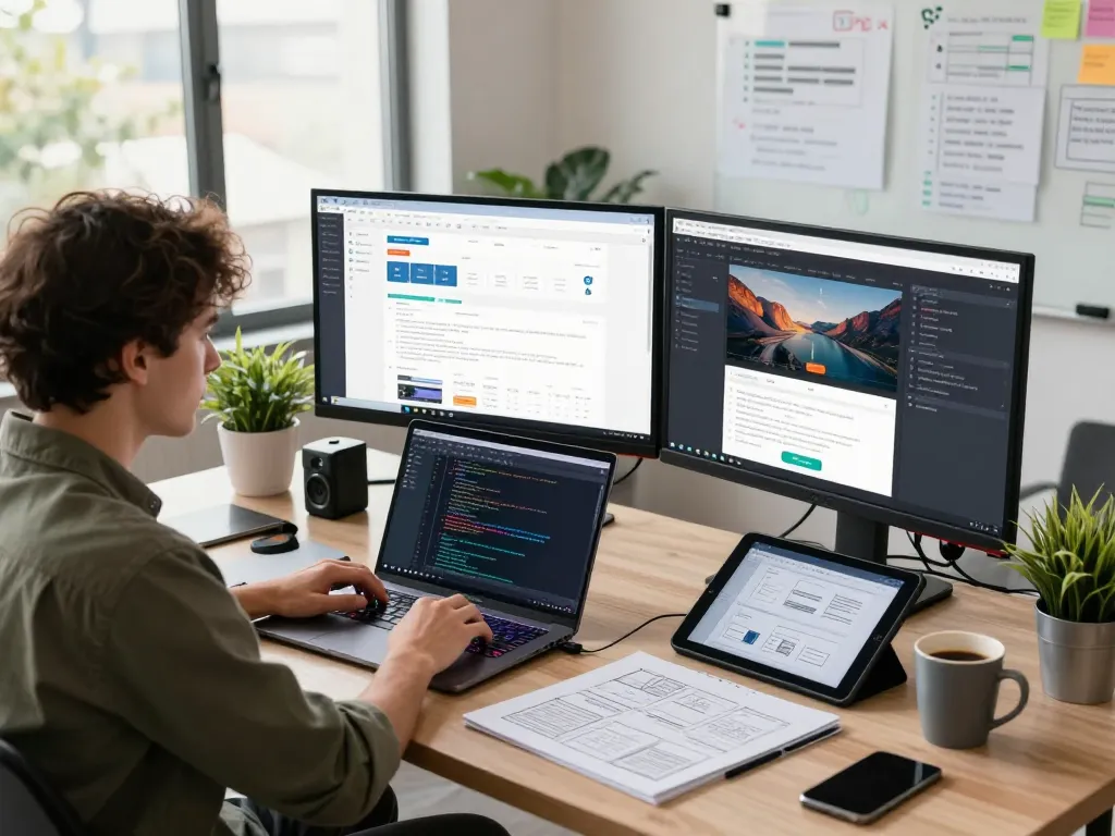Dynamic website development workspace with a developer coding on dual monitors and design sketches.