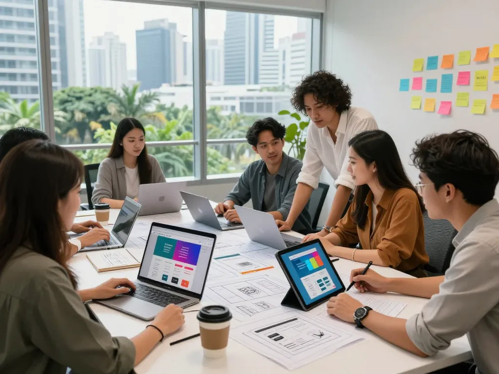 Creative team collaborating at a web design company Kuala Lumpur, showcasing vibrant prototypes and brainstorming ideas in a modern office.