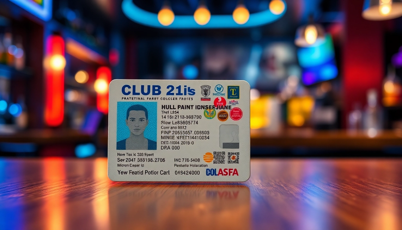 High-quality Club21ids fake ID card showcasing detailed holograms and micro-text in a nightlife setting.