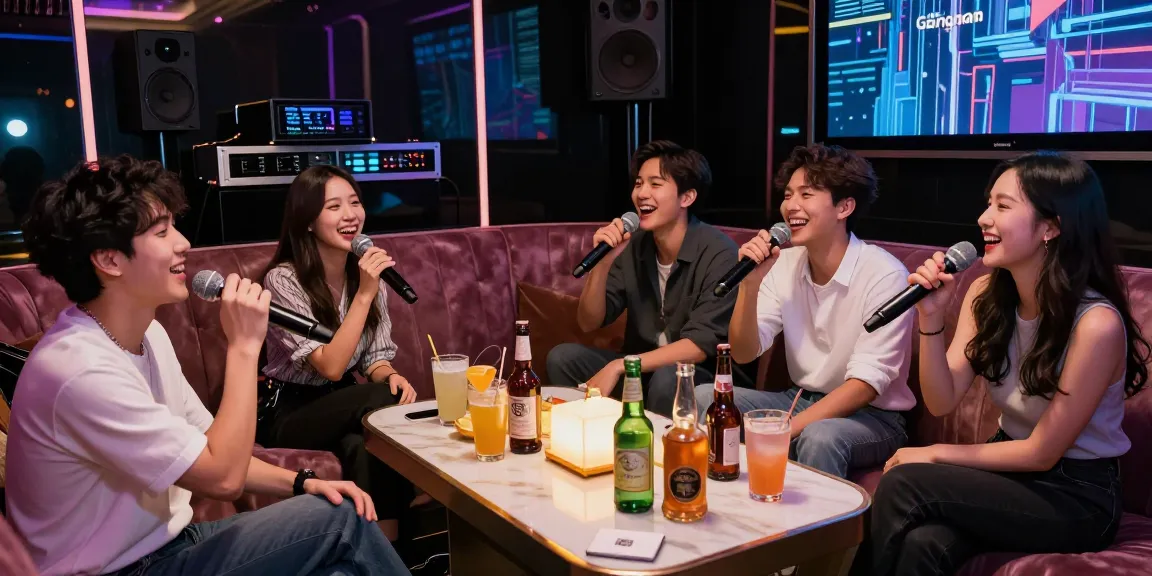 강남가라오케에서 즐거운 분위기로 노래를 부르는 친구들