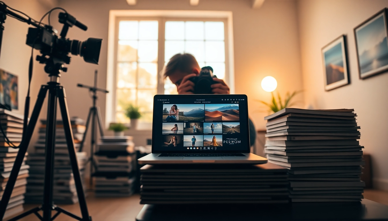 Applying Lightroom presets for photographers on a laptop surrounded by vibrant previews.
