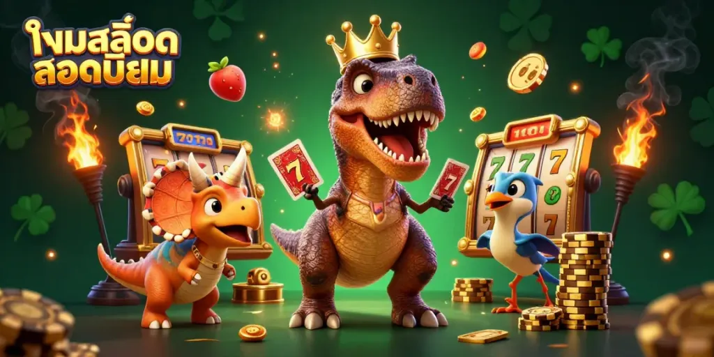 Experience thrilling action with เกมสล็อตยอดนิยม featuring a T-Rex, pterodactyl, and triceratops at a vibrant slot gaming scene.