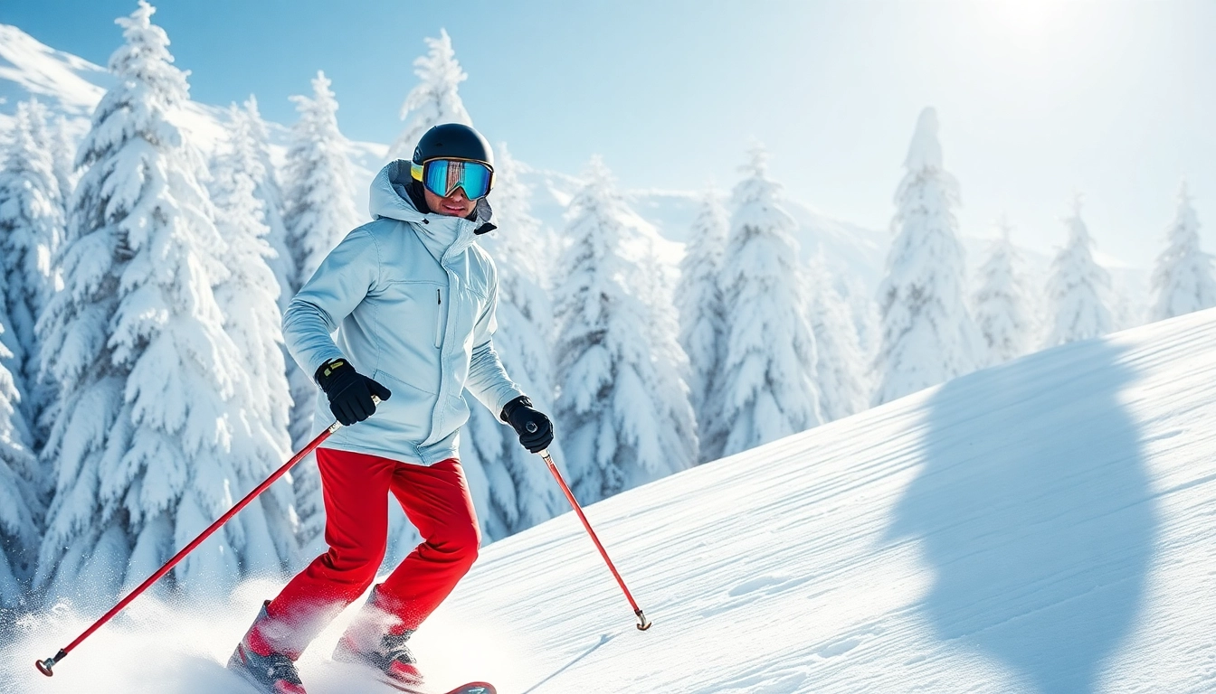 Skier showcasing breathable snow gear while performing on a snowy slope